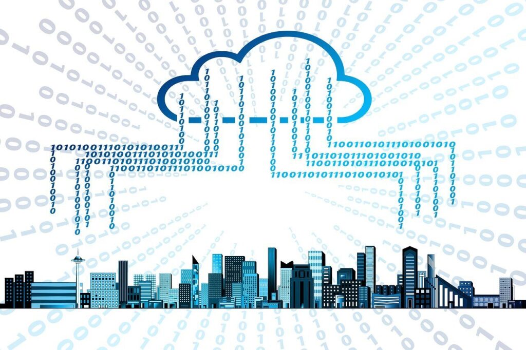 Stadt mit Hilfe von Cloud Computing verbunden.